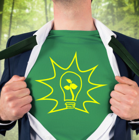 man opening shirt like superhero to show green energy symbol