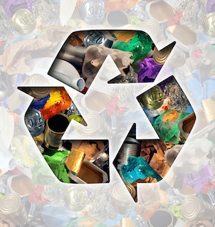 recycling symbol superimposed over trash