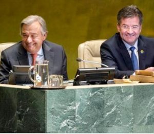 Miroslav Lajčák (right), president of the seventy-second session of the General Assembly, with Secretary-General António Guterres during the opening meeting of the session. September 12, 2017 United Nations, New York (UN photo by Kim Haughton) Posted for media use