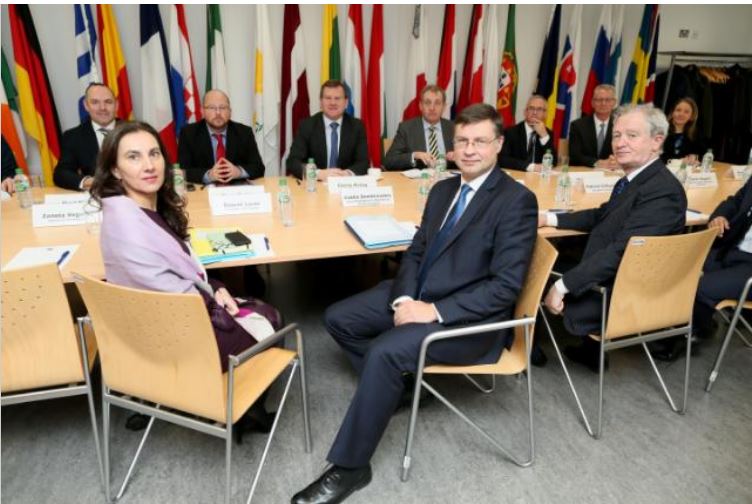 At the European Financial Forum 2018 in Dublin, Ireland, Commissioner Valdis Dombrovskis first row center, Raquel Lucas, of Commissioner Dombrovskis' team, on the left, and on the right, Gerry Kiely, who heads the European Commission in Dublin. Feb. 1, 2018 (Photo courtesy European Commission) Posted for media use.