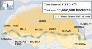 Drought-resistant trees are being planted in a wall across the continent of Africa in an effort to halt the advancing Sahara Desert. (Map courtesy Great Green Wall Initiative) Posted for media use
