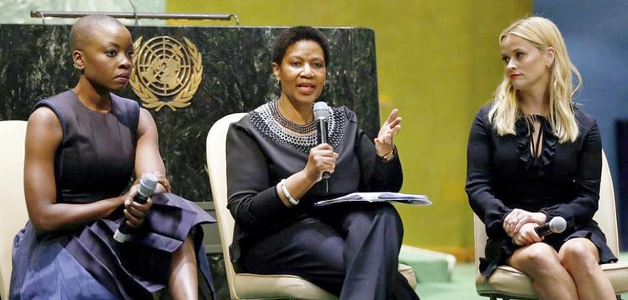 Actor and activist Danai Gurira, left; Phumzile Mlambo-Ngcuka, Executive Director of UN Women, center; and actor and activist Reese Witherspoon take part in the celebration of International Women's Day at UN Headquarters in New York, March 8, 2018 (Photo courtesy United Nations)