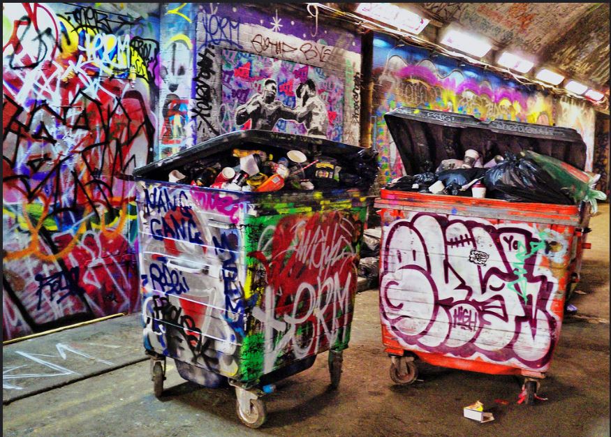 Tagged wheelie bins in London, England, July 16, 2017. (Photo by Tee Cee) Creative Commons license via Flickr