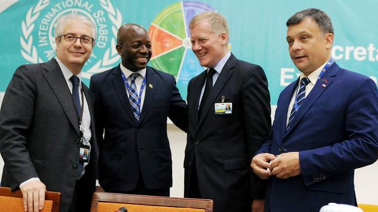 At the 24th ISA meeting, from left: Alfonso Ascencio-Herrera, ISA Legal Counsel and Deputy to the Secretary-General; Pearnel Charles, Minister of State, Ministry of Foreign Affairs, Jamaica; Michael Lodge, ISA Secretary-General; and Mariusz Orion Jędrysek, ISA Assembly President, Kingston, Jamaica, July 24, 2018 (Photo courtesy Earth Negotiations Bulletin) Used with permission.