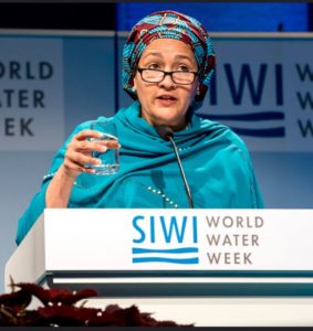 Amina Mohammed, deputy secretary-general of the United Nations and a former environment minister of Nigeria, speaks to an audience of water experts on August 27, 2018, the opening day of World Water Week 2018, Stockholm, Sweden. (Photo by Thomas Henriksson / SIWI) Creative Commons license via Flickr