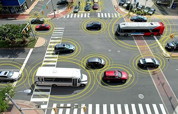Connected vehicles communicate with each other and everything around them such as traffic lights, road signs and wearables. (Photo courtesy U.S. Department of Transportation) Public domain.