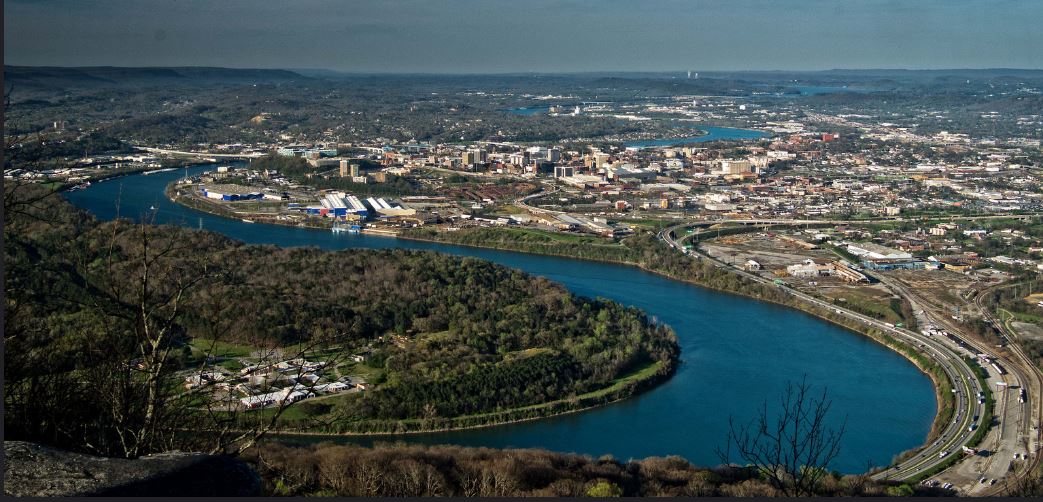 Looking north from the top of Lookout Mountain over the Tennessee Valley, the Tennessee River winds through the city of Chattanooga, March 31, 2018 (Photo by GT Photos) Creative Commons license via Flickr.