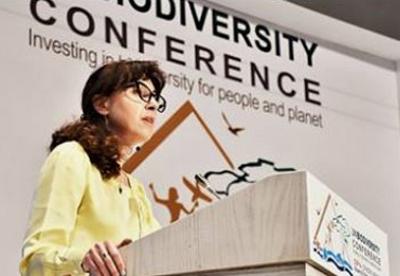 Executive Secretary of the Conference on Biological Diversity addresses the High-Level Segment of the conference taking place in Egypt this month. November 14, 2018, Sharm El Sheikh, Egypt (Photo courtesy Secretariat of the Convention on Biological Diversity)