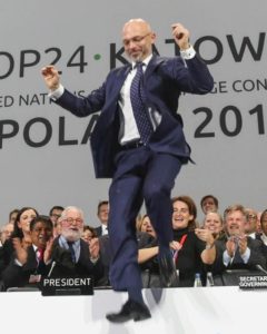 As the Katowice Climate Package is adopted, delegates cheer and Michal Kurtyka, COP 24 President, jumps for joy. December 16, 2018, Katowice, Poland (Photo courtesy Earth Negotiations Bulletin) Used with permission.