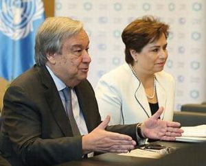 UN Secretary-General António Guterres and UNFCCC Executive Secretary Patricia Espinosa, Dec. 14, 2018, Katowice, Poland. (Photo courtesy Earth Negotiations Bulletin) Used with permission.