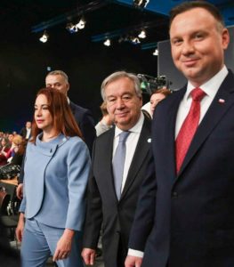 Entering the plenary hall, (from left) María Fernanda Espinosa Garcés, President, UN General Assembly; UN Secretary-General António Guterres; Poland's President Andrzej Duda, December 3, 2018, Katowice, Poland. (Photo courtesy Earth Negotiations Bulletin) Used with permission.