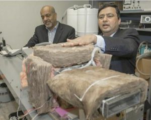 University of Cincinnati professors Raj Manglik, left, and Milind Jog have developed an improved cooling system for power plants. 2019 (Photo by Joseph Fuqua II / UC Creative Services) Posted for media use.