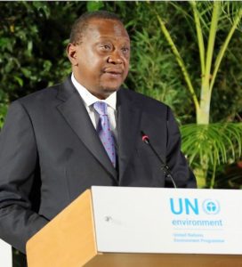 Kenya's President Uhuru Kenyatta welcomes delegates to the Fourth UN Environment Assembly, March 2019, Nairobi, Kenya (Photo courtesy Earth Negotiations Bulletin) Used with permission.