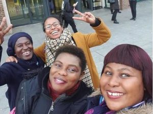 Happy women who will take a new computer course for refugee women at the UK's Birkbeck University in London. November 2018 (Photo courtesy Women for Refugee Women) Posted for Media Use.