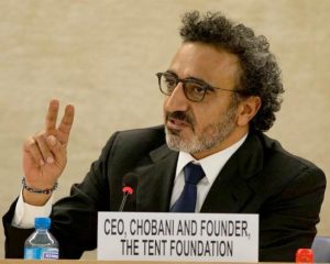 Tent Partnership for Refugees founder Hamdi Ulukaya, a U.S.-based Kurdish businessman, entrepreneur, investor, and philanthropist, at the Conference on Syrian Refugees organized by the UN High Commissioner for Refugees, March 30, 2016 (Photo by United States Mission Geneva) Public domain.