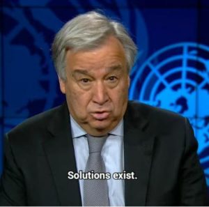 UN Secretary-General Antonio Guterres urges immediate action to reduce air pollution in a video message for World Environment Day 2019, (Screengrab from video issued by the United Nations) Posted for media use.