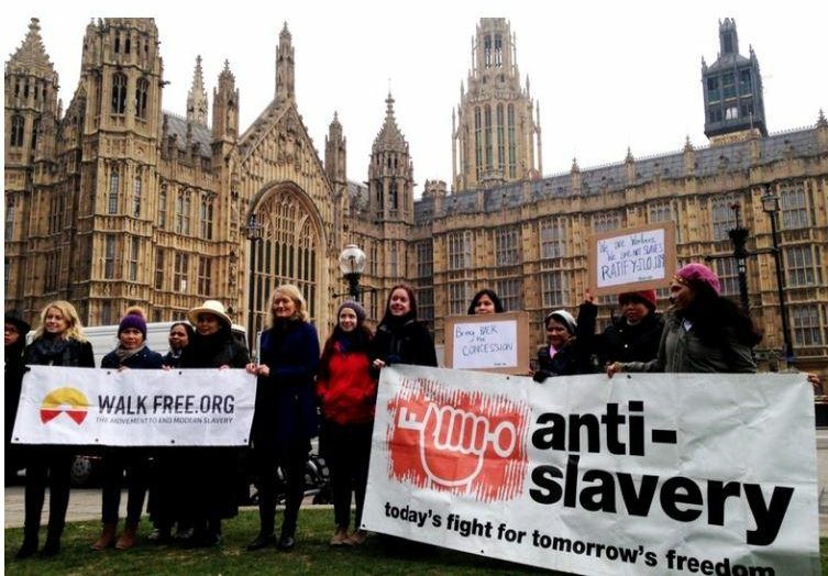 Two nongovernmental organizations, Walk Free and AntiSlavery, protest human trafficking in front of the British Parliament. Modern slavery still exists in Britain today, with up to 13,000 estimated to be victims, according to AntiSlavery. Date unknown (Photo courtesy AntiSlavery) Posted for media use.