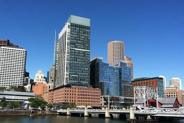 Boston's Atlantic Wharf (tallest building, center) is the city's first LEED platinum skyscraper with offices, retail and residential lofts on Boston’s waterfront. LEED, Leadership in Energy and Environmental Design, is a national certification system developed by the U.S. Green Building Council to encourage the construction of energy and resource-efficient buildings. Platinum is the highest LEED rating given. September 2013 (Photo courtesy U.S. Green Building Council) Posted for media use