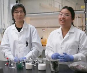 Jenny Yao (left) and Miranda Wang in the lab where they explore recycling previously unrecyclable plastics. 2018 (Screengrab from video posted by UNEP) Posted for media use