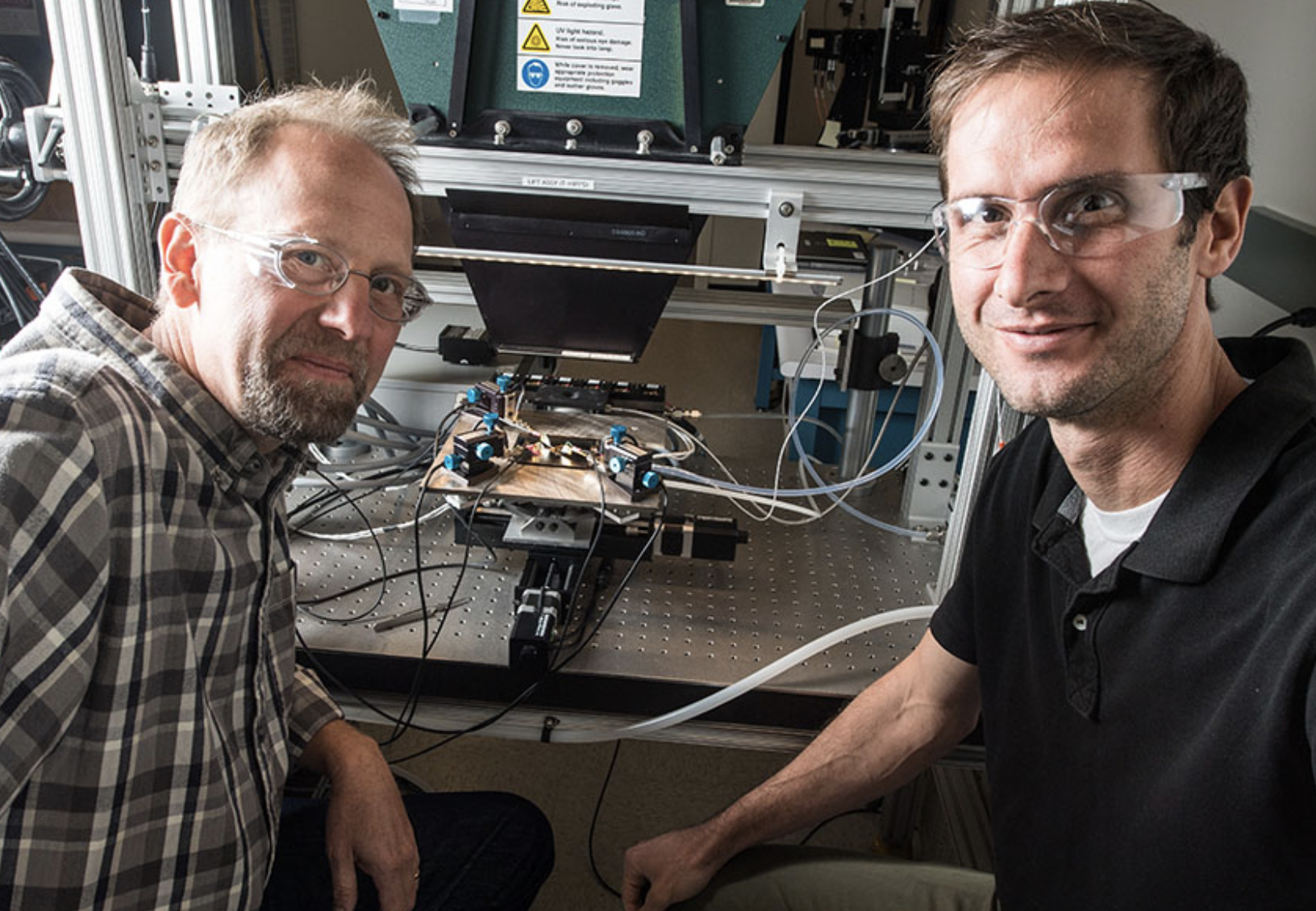 Scientists John Geisz, left, and Ryan France at the U.S. National Renewable Energy Laboratory have created a solar cell that is nearly 50 percent efficient. 2020 (Photo by Dennis Schroeder courtesy NREL) Posted for media use
