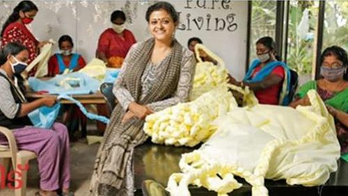  Designer Laksmi Menon, center, has put Kerala women to work making bedrolls out of plastic trimmings from PPE production, 2020 (Photo courtesy Shayya via Facebook) Posted for media use