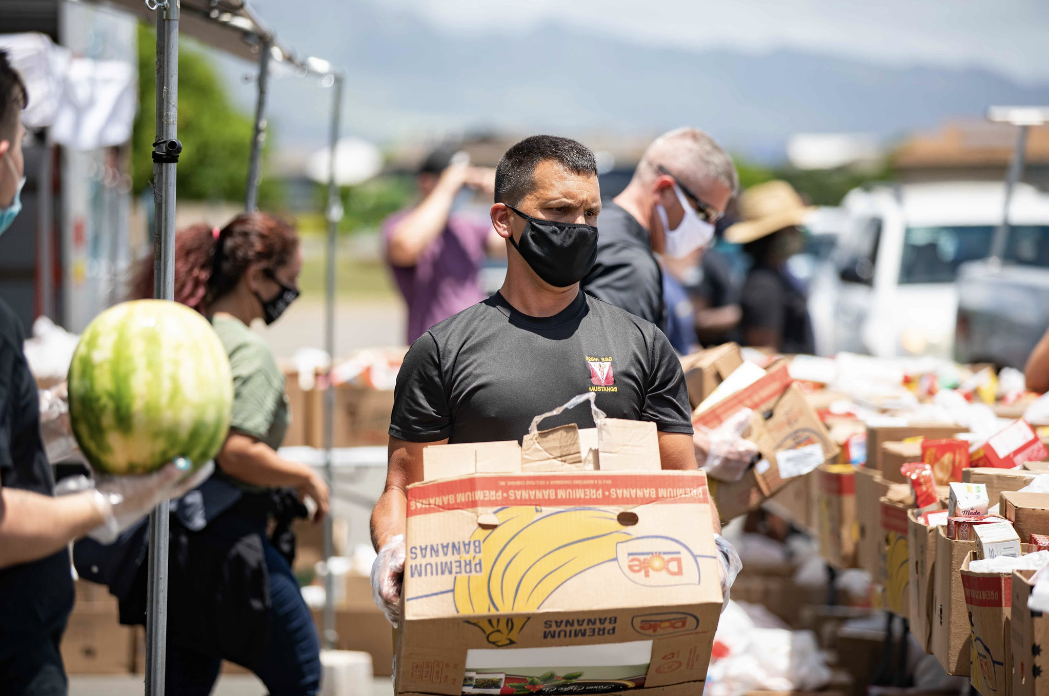 U.S. soldiers volunteer during a food distribution in Ewa Beach, Hawaii, July 28, 2020. (Photo by 1st Lt. Angelo Mejia courtesy U.S. Army)  Public domain 