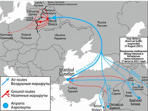 Routes of illegal migrants involved in the 2021 Belarus–European Union border crisis (Map by Uladzimir, Minsk, Belarus via Wikipedia)