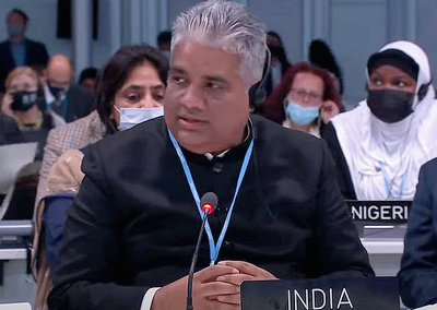Bhupender Yadav of India serves as the Union Cabinet Minister of Labour and Employment, Environment, Forest and Climate Change. Here he raises the question phasing down rather than phasing out coal combustion to limit global warming. November 13, 2021, Glasgow, Scotland (Screengrab from video courtesy UNFCCC) Posted for media use