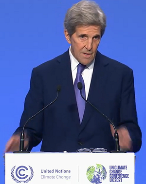 U.S. Special Presidential Climate Envoy John Kerry addresses reporters at his final news conference at COP26, November 13, 2021 (Screengrab from video courtesy UNFCCC) Posted for media use