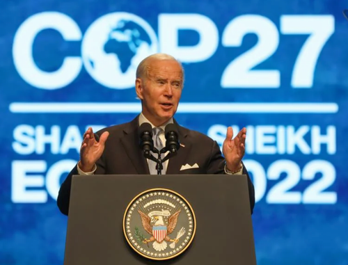 U.S. President Joe Biden addresses the delegates at the UN climate conference COP27, November 11, 2022, Sharm el-Sheikh, Egypt (Photo by IISD/ENB | Mike Muzurakis) Posted for media use