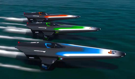 Electric racing boats on an inaugural run. Speeds reach 50 knots (93 km/h, 58 mph) That is far from the 250-km/h (155-mph) top speeds of the gasoline-powered F1H20 class, and there are many speedboats and cigarette boats capable of going much faster. However, electric boating is challenging, and this is a start, says E1 Series. July 7, 2021 (Photo courtesy E1 Series). Posted for media use.
