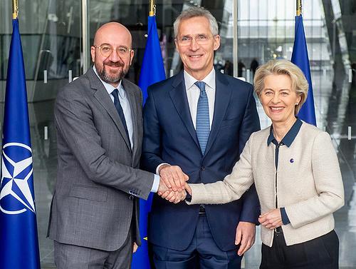 From left: President of the European Council, Charles Michel, NATO Secretary General Jens Stoltenberg, and President of the European Commission Ursula von der Leyen following the signing of the Joint Declaration on NATO-EU Cooperation, January 10, 2023, Brussels, Belgium (Photo courtesy North Atlantic Treaty Organization) Creative Commons license via Flickr